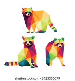 Collection of Cute Raccoon Animal in Colorful Polygonal Low Poly. Set Colorful Abstract Vector of Cute Raccoon. Raccoon Polygon Logo