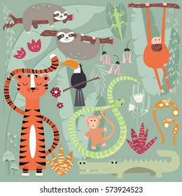 Collection of cute rain forest animals, tiger, snake, sloth, monkey, vector illustration