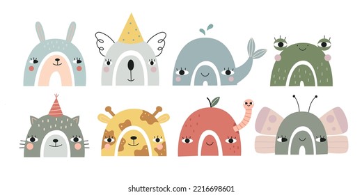 A collection of cute rainbows with animal faces. Vector illustration