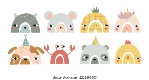 A collection of cute rainbows with animal faces. Vector illustration