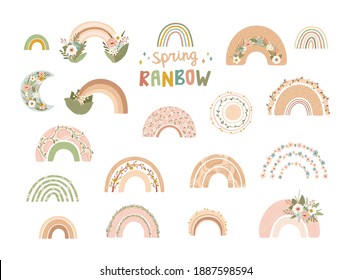 Collection cute rainbows with flowers in pastel colors isolated on white background for kids. Illustration in hand drawn style for posters, prints, cards, fabric, children's books. Vector