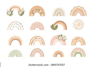 Collection cute rainbows with flowers in pastel colors isolated on white background for kids. Illustration in hand drawn style for posters, prints, cards, fabric, children's books. Vector