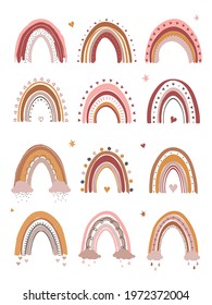 Collection cute rainbows with flowers in pastel colors isolated on white background for kids. Hand drawn rainbows in different shapes.Scandinavian style