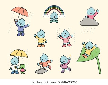 A collection of cute raindrop characters enjoying rainy weather in a playful, hand-drawn style. Includes scenes with umbrellas, puddles, rain, and a rainbow. 