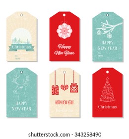 Collection of cute ready-to-use 6 Merry Christmas and New Year card templates. Holiday gift tags set. Template for Greeting Card, Congratulations, Invitations, Scrapbooking. Vector illustration.