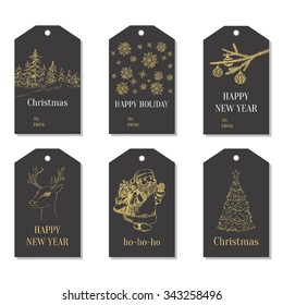Collection of cute ready-to-use 6 Merry Christmas and New Year card templates. Holiday gift tags set. Template for Greeting Card, Congratulations, Invitations, Scrapbooking. Vector illustration.