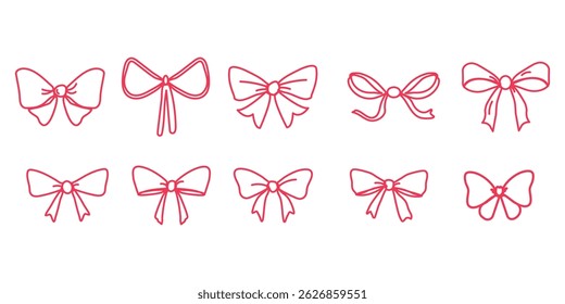 Collection of cute red ribbon bows outline hand drawn