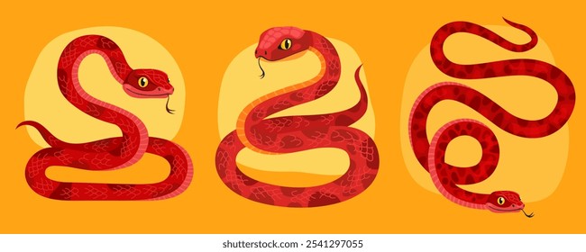 Coleção de cobras vermelhas bonitas no fundo amarelo. Réptil, animal, personagem de desenho animado do zodíaco, mascote, símbolo do ano. Cobras em forma de manchas curvas. Ano Novo da Cobra.