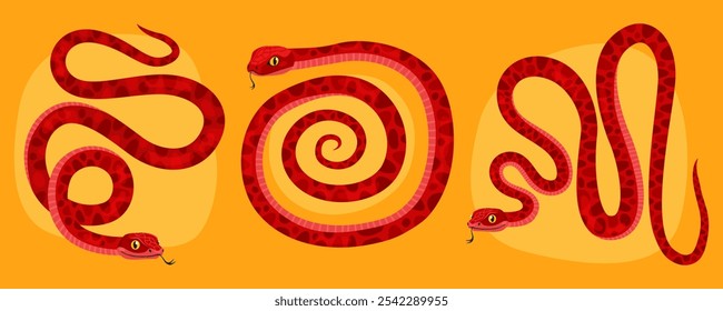 Coleção de cobras vermelhas bonitas no fundo amarelo. Réptil, animal, personagem de desenho animado do zodíaco, mascote, símbolo do ano. Cobras manchadas em curva e em espiral. Ano Novo da Cobra.