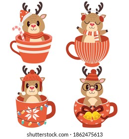 La colección de reno lindo en taza con estilo vectorial plano. Ilustración sobre navidad y navidad para contenido, gráfico, tarjeta de saludo.