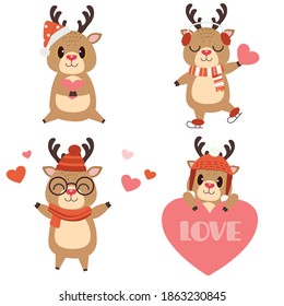 The collection of cute reindeer and heart in christmas theme with flat vector style. illustation about christmas and holiday for greeting card, postcard.