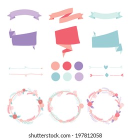 Collection cute retro flowers labels in vector. Vintage floral set. Stylish invitation in bright colors can be used like happy birthday or other holiday card. Summer concept background.