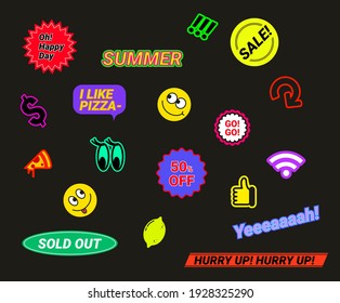 A collection of cute and retro stickers to decorate the diary beautifully illustration set. smile, sale, reset, dollar, pizza. Vector drawing. Hand drawn style.