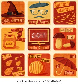 Collection of cute retro stylized autumn illustrations with signs of fall, and all it symbols. Vector 