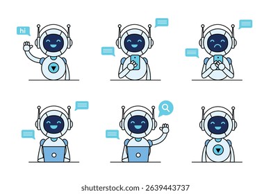 Collection of Cute Robot Illustrations AI Chatbot Characters in Various Poses, Cute Robot Illustrations AI Chatbot Characters for Websites and Apps