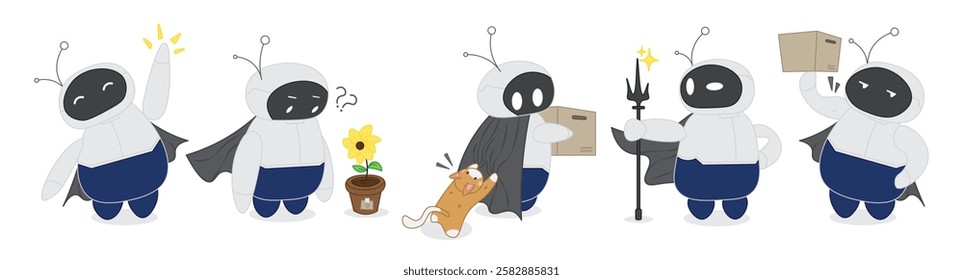 collection of cute robots, waving robots, looking at plants, with cats, holding a trident,lifting boxes, robots with flat gray and dark blue colors, simple design.