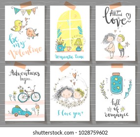 Collection of cute romantic ready design cards. Valentine day, every day romantic little things. Hand lettering. Vector illustration. Cozy home.