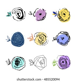 Collection of cute roses. Vector. Isolated. Hand drawn.