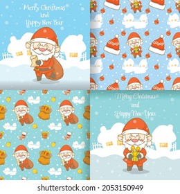 collection of cute santa cartoon with seamless pattern set. christmas and happy new year greeting.