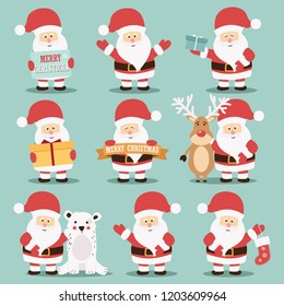 Collection of cute Santa Claus characters with reindeer, bear and gifts, vector illustration