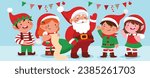 Collection of cute Santa Claus, elf in hats. Vector illustration. Children in elf costumes. Happy New Year, Xmas design element. 