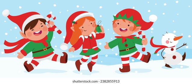 Collection of cute Santa Claus elf on winter background. Children in elf costumes. Set of cartoon playful elves. Happy New Year, Xmas design element. 