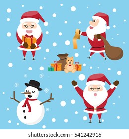 The collection of cute Santa Claus in various postures with gifts and decorations for christmas. vector illustration.