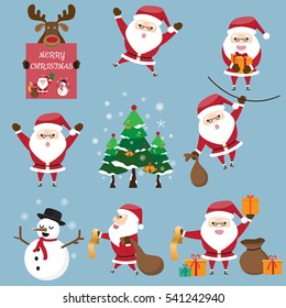 The collection of cute Santa Claus in various postures with gifts and decorations for merry christmas. vector illustration.