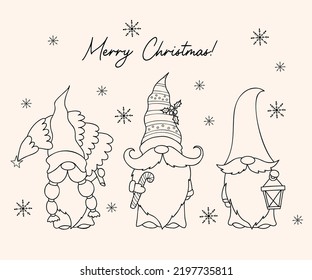 Collection cute scandinavian gnomes. Winter gnome with christmas tree, lantern and caramel stick. Vector illustration. Linear hand drawing in Doodle style. Isolated cartoon christmas characters