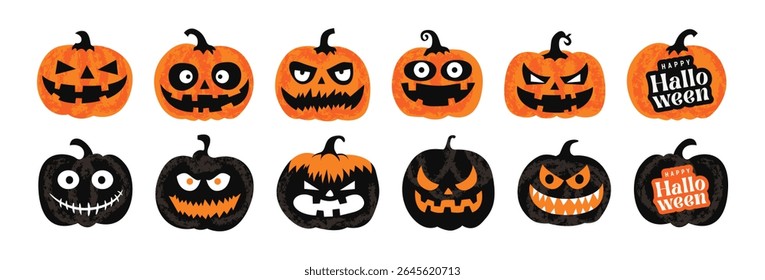 Collection of cute and scary Happy Halloween pumpkins isolated on white background and Happy Halloween holiday text logo. Set of orange and black pumpkins with a creepy spooky Halloween smile.