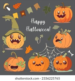Una colección de adorables calabazas aterradoras ilustraciones para halloween