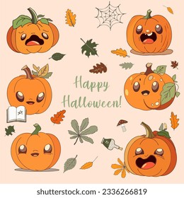 A collection cute scary pumpkins illustrations for halloween