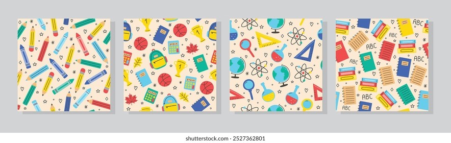 Collection of a cute school backgrounds with cartoon icons. Seamless pattern. Vector illustration