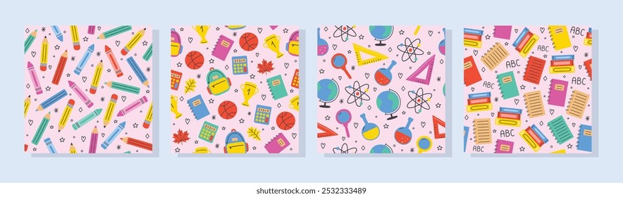 Collection of a cute school backgrounds with cartoon icons. Seamless pattern. Vector illustration