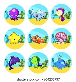 Collection cute sea animal in circle underwater logo