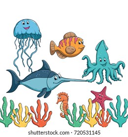 collection of cute sea animal with colorful decoration and using colored hand drawn style