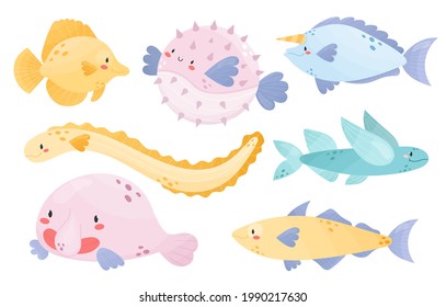 Collection of cute sea animals. Different types of fish.Yellow tang, Pufferfish, Unicornfish, Ell, Flying fish, blobfish, haddock.Cartoon style vector illustration.Adorable character for kids, nursery