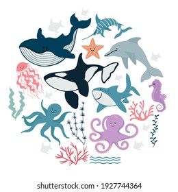 Collection of cute sea animals, fish and algae. Vector illustration in simple hand-drawn style