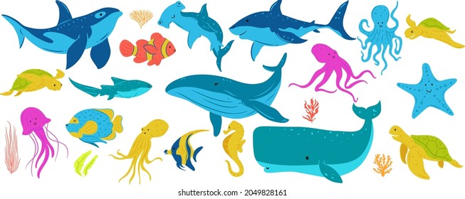 Collection of cute sea animals  are isolated on white background. Flat cartoon illustration. Best for pattern design, graphic element, branding element, packaging element, wallpaper, decoration.