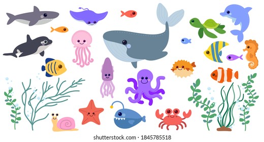 Collection of cute sea animals. Sea life.
Vector illustration in flat cartoon style. Sea horse, star, snail, octopus, squid, turtle, shark, whale, fish, jellyfish, dolphin, crab, stingray, algae