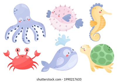 Collection of cute sea animals. Octopus, Pufferfish, Seahorse, Crab, Whale, Turtle. Cartoon style vector illustration. Underwater life. Adorable character for kids, nursery, print