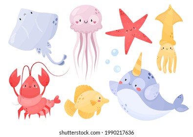 Collection of cute sea animals. Ray, Jellyfish, Starfish, Squid, Lobster, Yellow tang, Narwhal. Cartoon style vector illustration. Underwater life. Adorable character for kids, nursery, print

