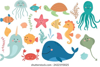 Collection of cute sea animals. Vector illustration of ocean underwater characters. 