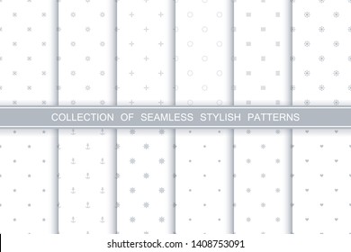 Collection of cute seamless minimalistic patterns - gray stylish textures. Simple geometric design - repeatable white backgrounds