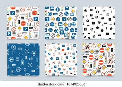 Collection cute seamless patterns with road signs and traffic lights on a white background. Illustration in hand drawn style for children's room design, Wallpaper, textile. Vector