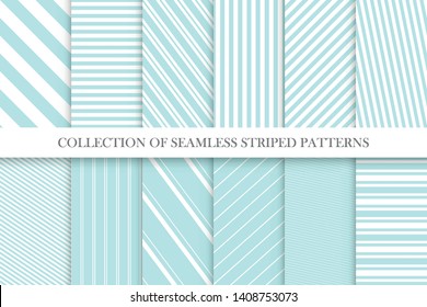 Collection of cute seamless striped patterns in turquoise colors. Delicate geometric repeatable backgrounds - elegant design.