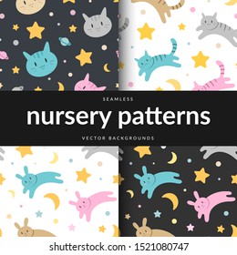 Collection of cute seamless vector patterns for babies and kids. Pastel colorful simple illustrations of cats, rabbits, moon and stars for nursery room. Good for textile fabric print or wrapping paper
