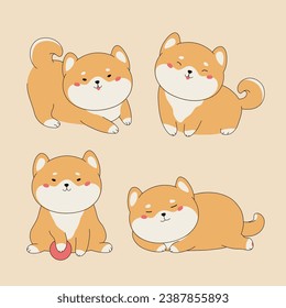 Collection of cute shiba inu puppies. Flat vector illustration character design.