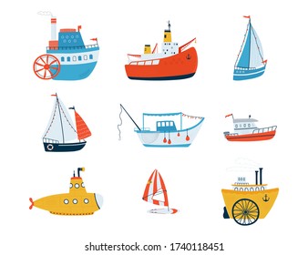 Collection cute ships isolated on white background in a flat style. Illustrations of water transport, sailboat, submarine, icebreaker, fishing boat, steamboat. Vector illustration