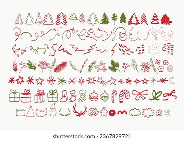 Collection of cute simple Christmas doodles. Christmas tree, branch, star, snowflake, arrow, garland. Perfect for creating greeting card. Editanle vector illustration.